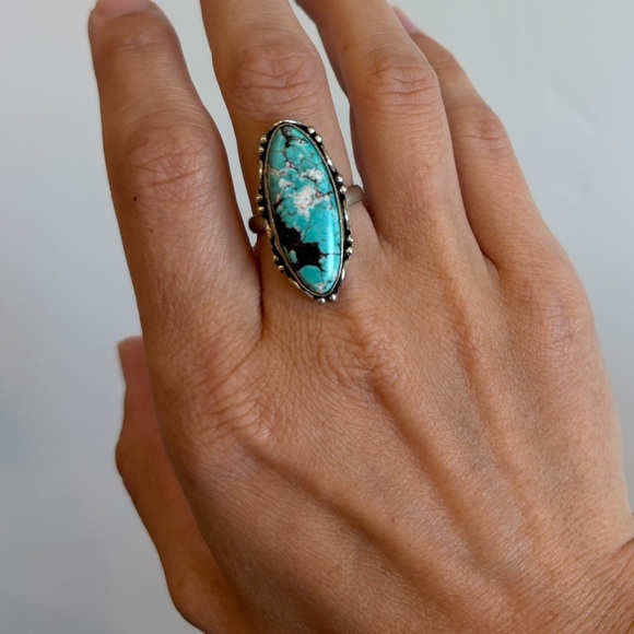Vintage 925 Sterling Silver Large Spiderweb Morenci Turquoise Navajo Ring Size 7 - Picture 2 of 9